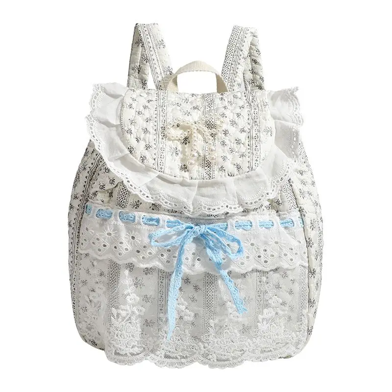 Miyagawa Floral Lace Patchwork Pleated Bow Backpack 2024 New Fashionable Versatile Fabric Bag Causal Sweet Girls Backpacks