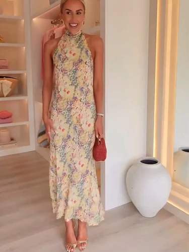 Imagen 2 del producto TFMLN vestido Halter con estampado Floral para mujer, vestidos sexis de verano por debajo de la rodilla adelgazantes con espalda descubierta, bata de fiesta de vacaciones a la moda, novedad de 2025