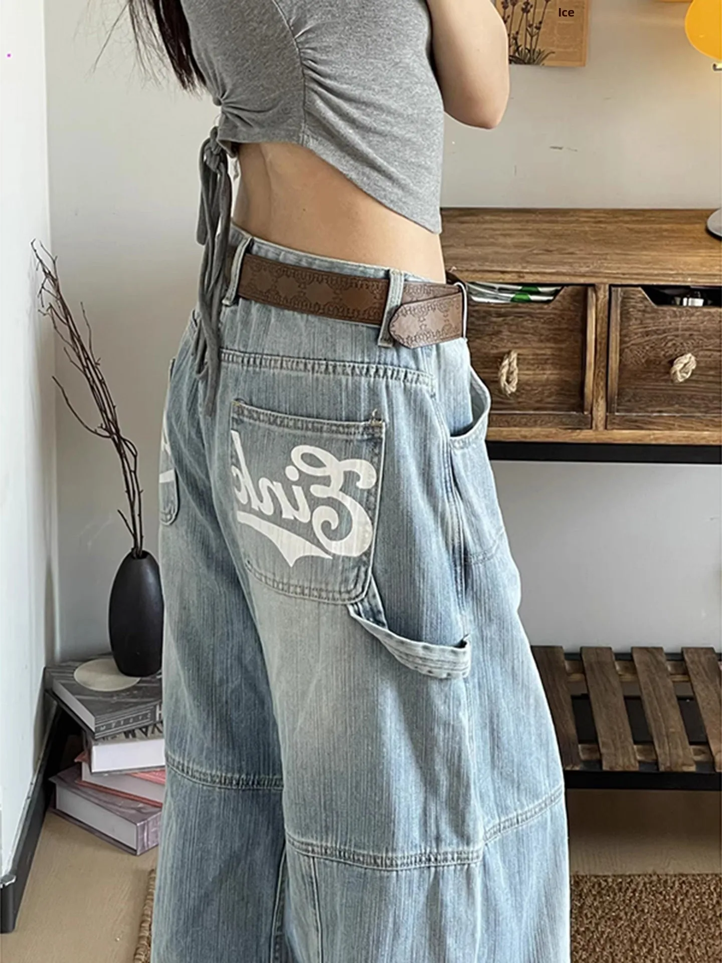 American Style Loose Fit Light Blue Deconstructed Denim Jeans Women's plus Size Casual Straight Leg Workwear Trousers