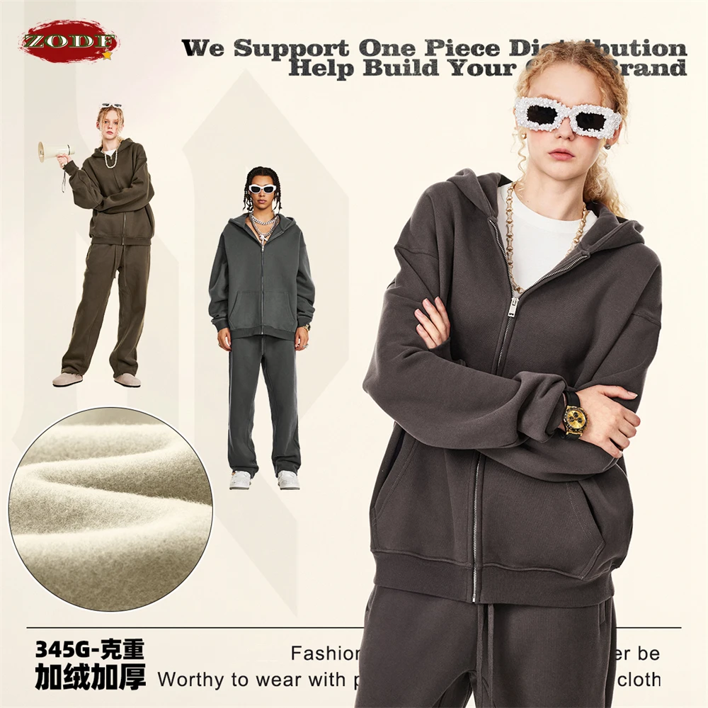 ZODF Fashion Winter Men Warm Zipper Fleece Hoodies Unisex Loose Basic 345gsm Knitted Hooded Hoodie Coats HY0904