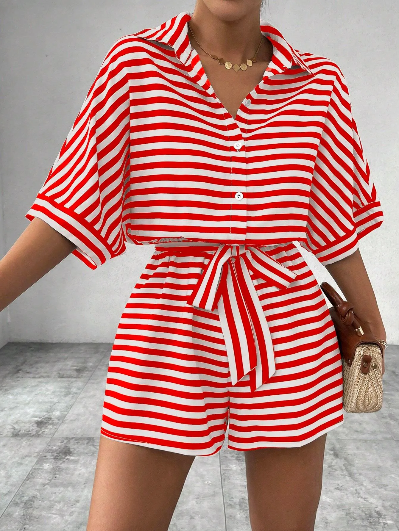 

Fashion Striped Print Jumpsuits For Women Summer New Lapel Single Breasted Elastic Waist Lace Up Half Sleeved Short Jumpsuits