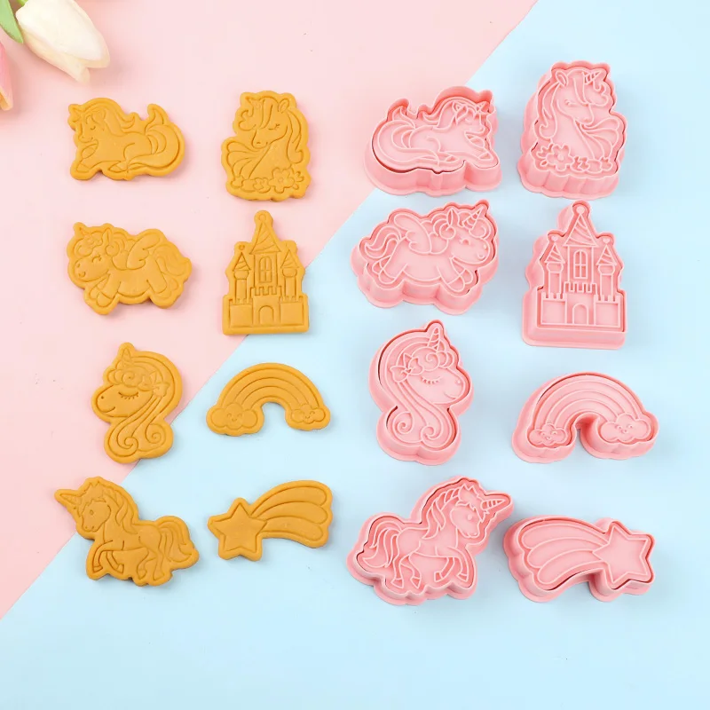 

8Pcs/Set Rainbow Unicorn Cookie Cutter Stamp Cartoon Castle Shape Pressable Biscuit Mold For Birthday Wedding Party Baking Tools