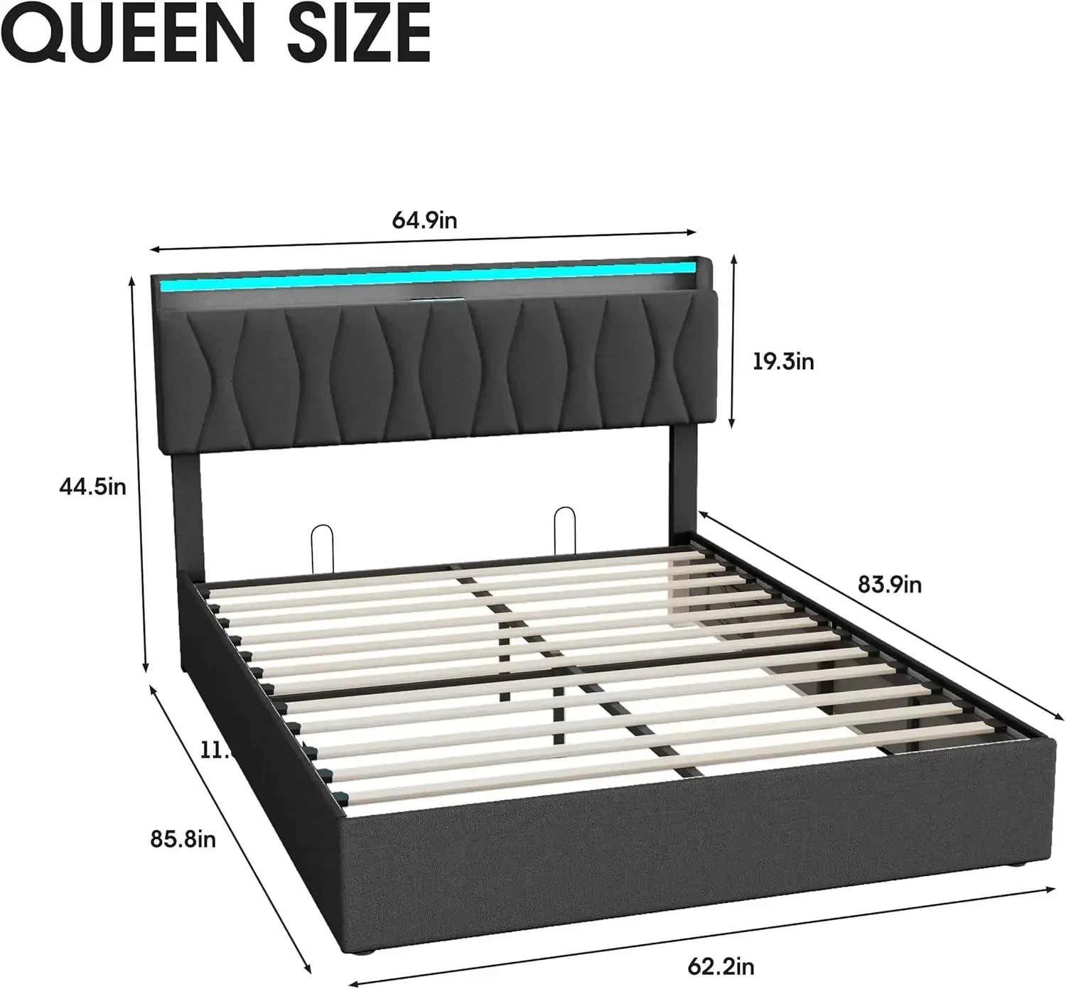 Queen Size Lift Up Storage Bed Frame, Height Adjustable Storage Headboard with Charging Station, LED Lights Upholstered Bed