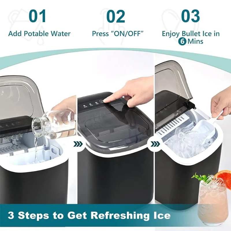 Portable Countertop Ice Maker Machine with Carry Handle Automatic Bullet Ice Cube Maker for Home Kitchen Bar Party RV Camping