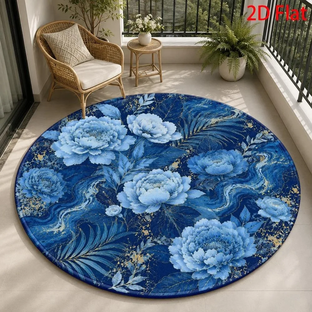 Vintage Blue Cream Peony Hydrangea Round Rug,Elegant Retro Large Blossom Floral Leaf Printed Circular Floor Mat,Living Room
