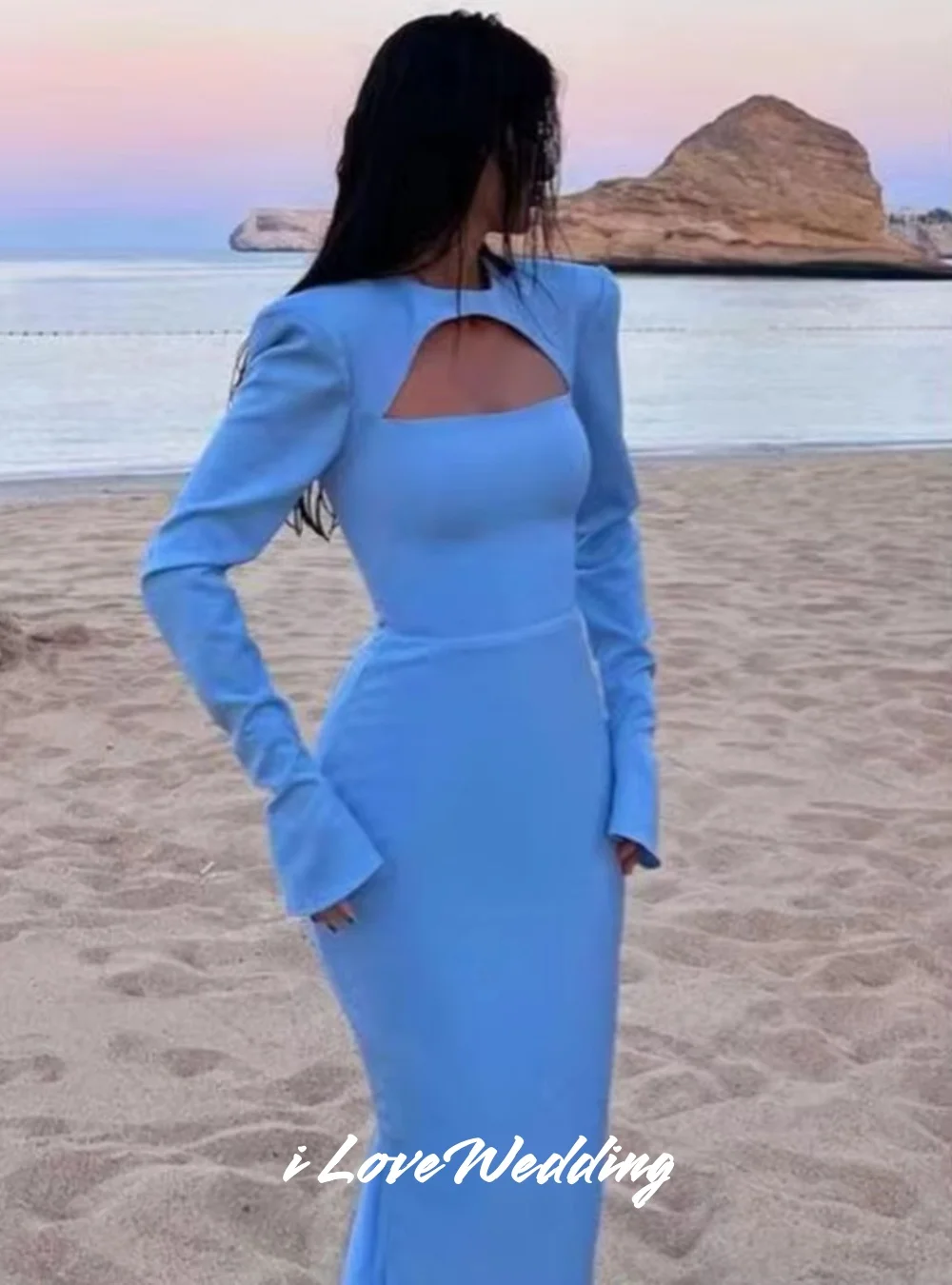 

Blue O-Neck Evening Dresses 2025 Satin Long Sleeve Mermaid Pleated Hollow Elegant Prom Dresses Wedding Party Dresses Customized