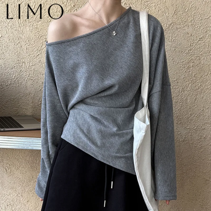 

LIMO Women’s New Blouse Off Shoulder Asymmetric Collar Waist Cinching Elegant High Quality Solid Color Spring Fall 2025