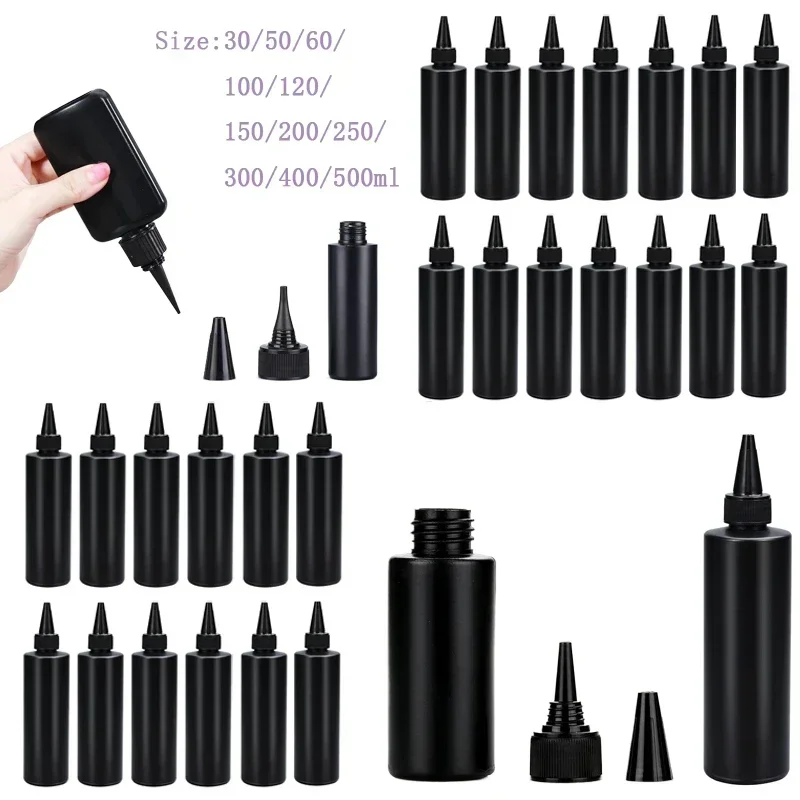 20Pcs 30-500ml Empty Plastic Black Soft Bottles W/ Protective Caps And Long Tip Refillable Uv Glue Squeeze Bottle For Resin Ink