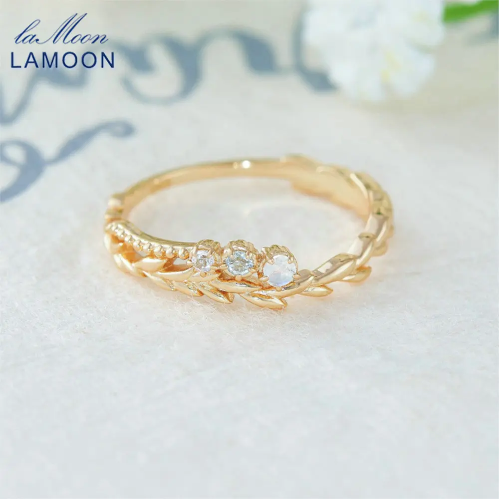 

LAMOON Vintage Natural Moonstone Ring For Women Exquisite Elelgant Aquamarine 925 Sterling Silver Gold Plated Fine Jewelry