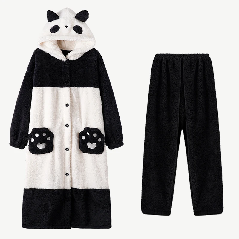 Cartoon Panda Plush Pajamas Robes Anime Adult Nightgown Winter Long Sleeve Night Dress Halloween Party Comfy Kawaii Girl Slipper