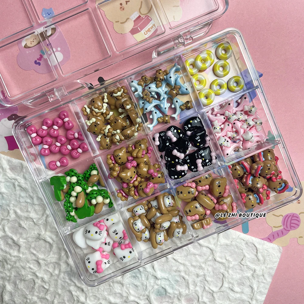 120pcs Sales Promotion Boxed Black Skin Hello Kitty Nails Decos Hawaii Dolphin KT Coconut Tree Resin Flat Back Accessories