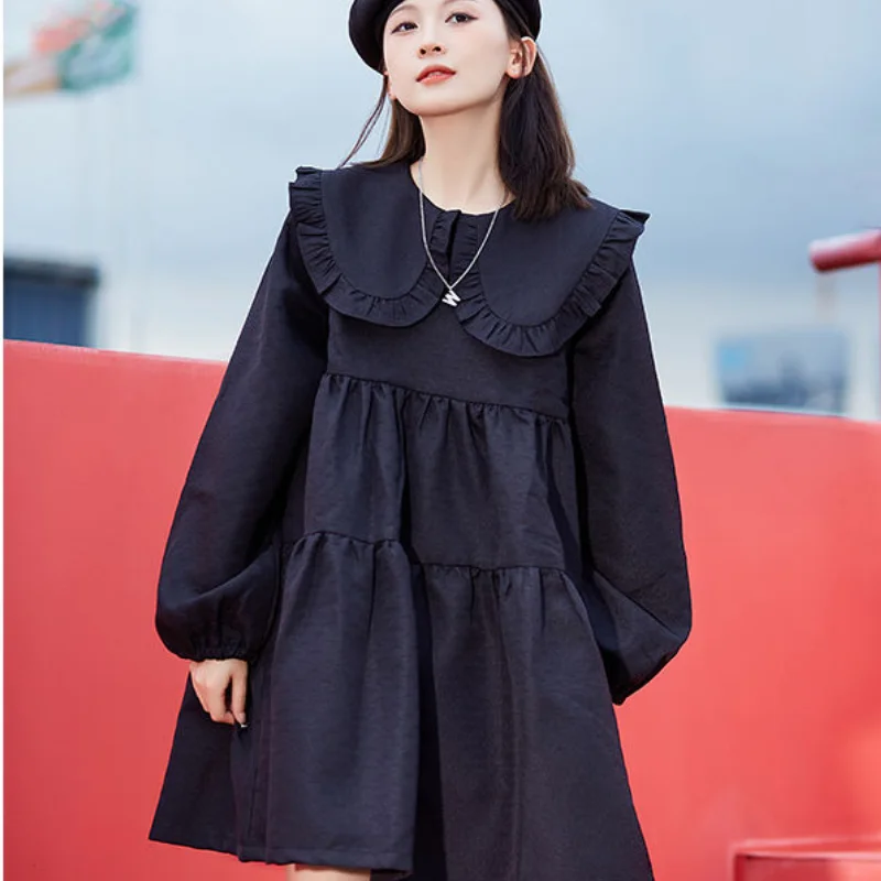 

2024 New Fashion Long-sleeved Skirt Autumn New Cold Feeling Thin Black Loose Doll Collar Medium and Long-sleeved Dress