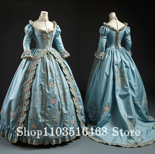 

Victorian Blue satin Ball Fown Baroque Rococo Evening Dress lLce Embroidery Sweetheart Neckline Ball Gown customized