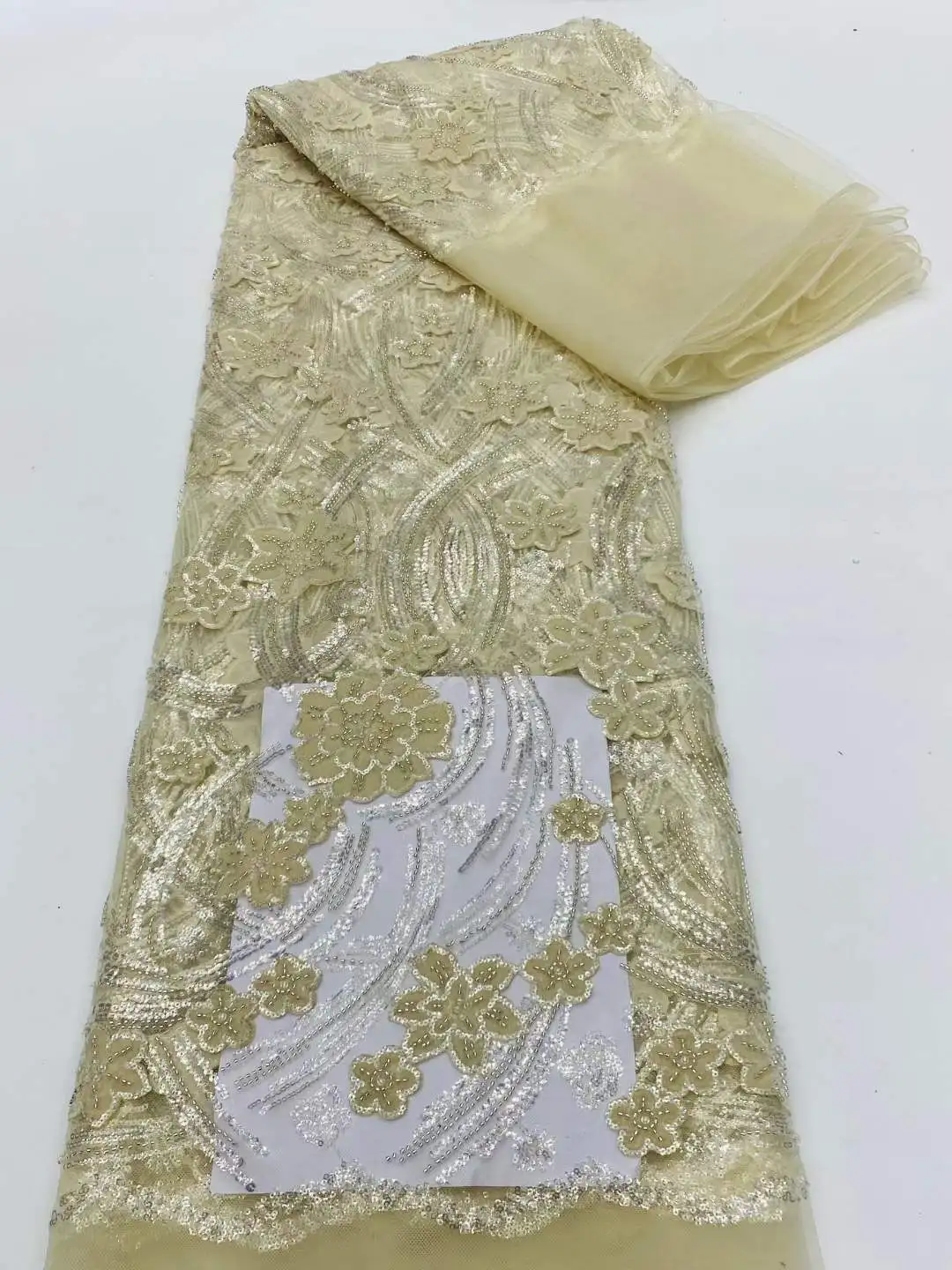 Tissu perlé à paillettes de luxe africain pour la couture de mariage, dentelle de tulle français, broderie de marié, haut de gamme, dernier cri, 5 mètres