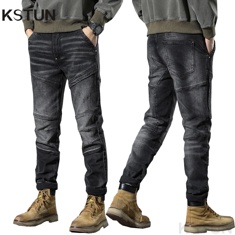 

Мужские облегающие байкерские джинсы KSTUN, черные, серые эластичные уличные брюки в стиле пэчворк, Оригинальная дизайнерская одежда