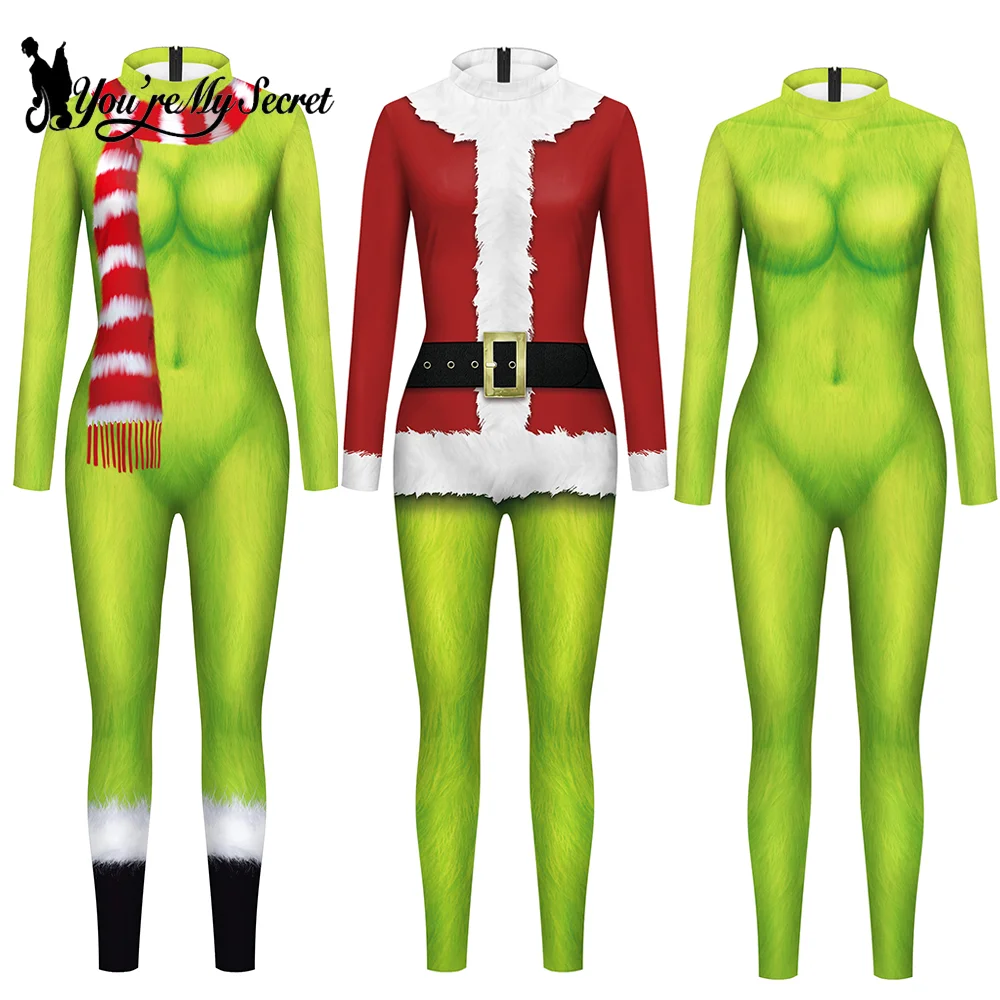 [Du bist mein Geheimnis] Weihnachtsgrüner Body 3D-gedruckte Kleider Up Weihnachtself Cosplay Kostüme Neujahr Karneval Party Overalls