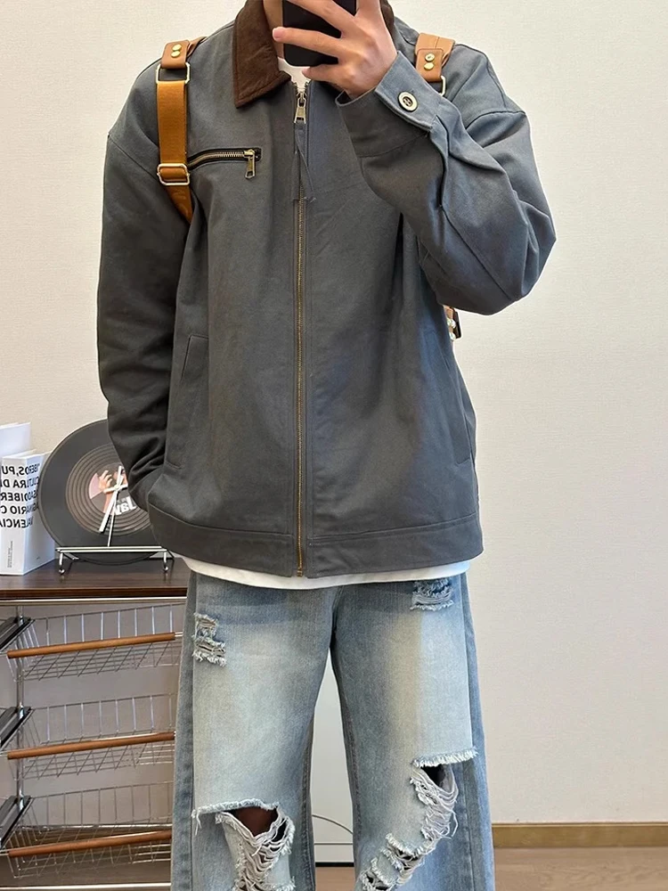 Bla Vintage Detroit Workwear Jaet الرجال الخريف الأمريكية الرجعية وا قماش معطف الشباب ular الوقوف صالح سستة إغلاق
