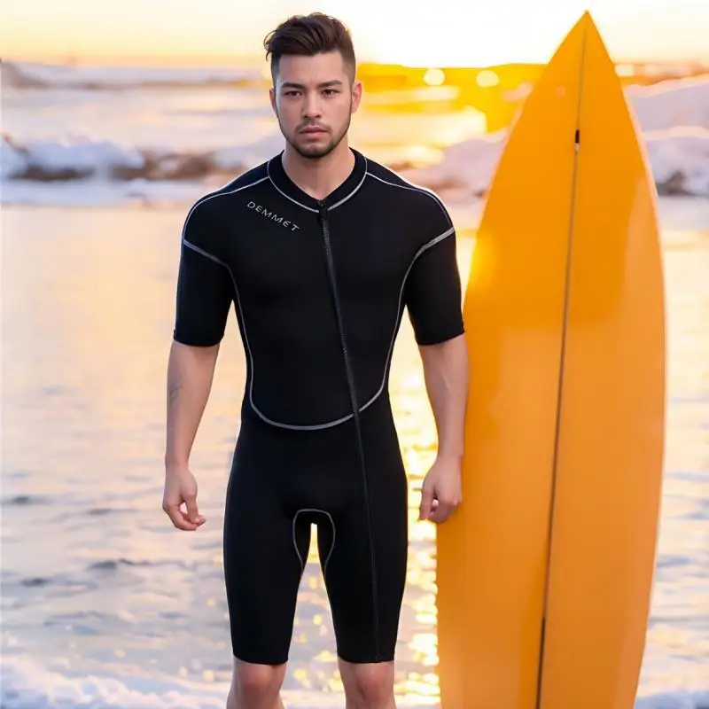 New DEMMET1.5/3M Neoprene Men\'s Short Sleeve Wetsuit Front Unzipper Snorkeling Surfing Swimsuit Keeps Warm