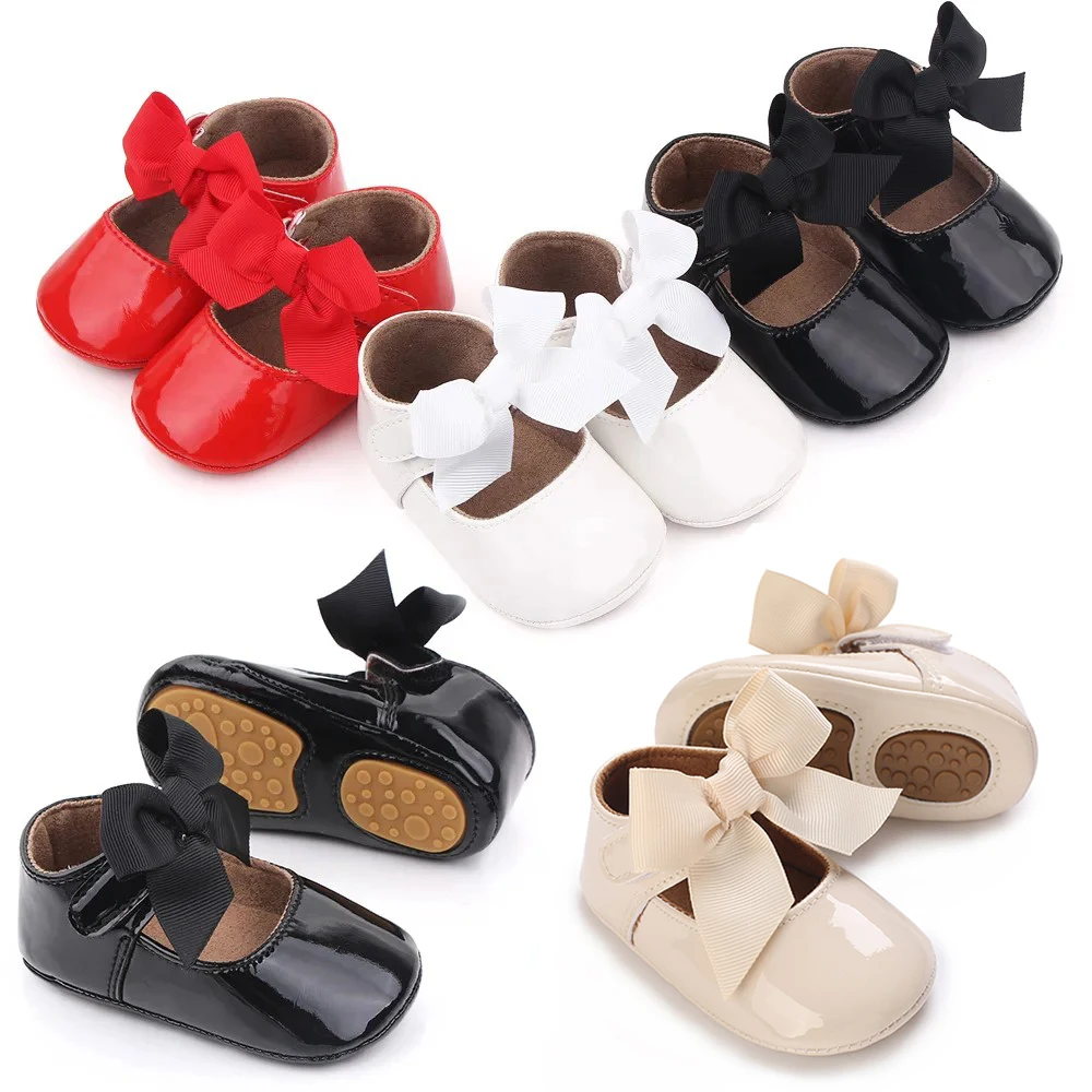 Baby Shoes Bowknot Rubber Sole Anti-slip PU Ballet Slippers Baby Girl Dress Shoes First Walker Toddler Crib Shoes