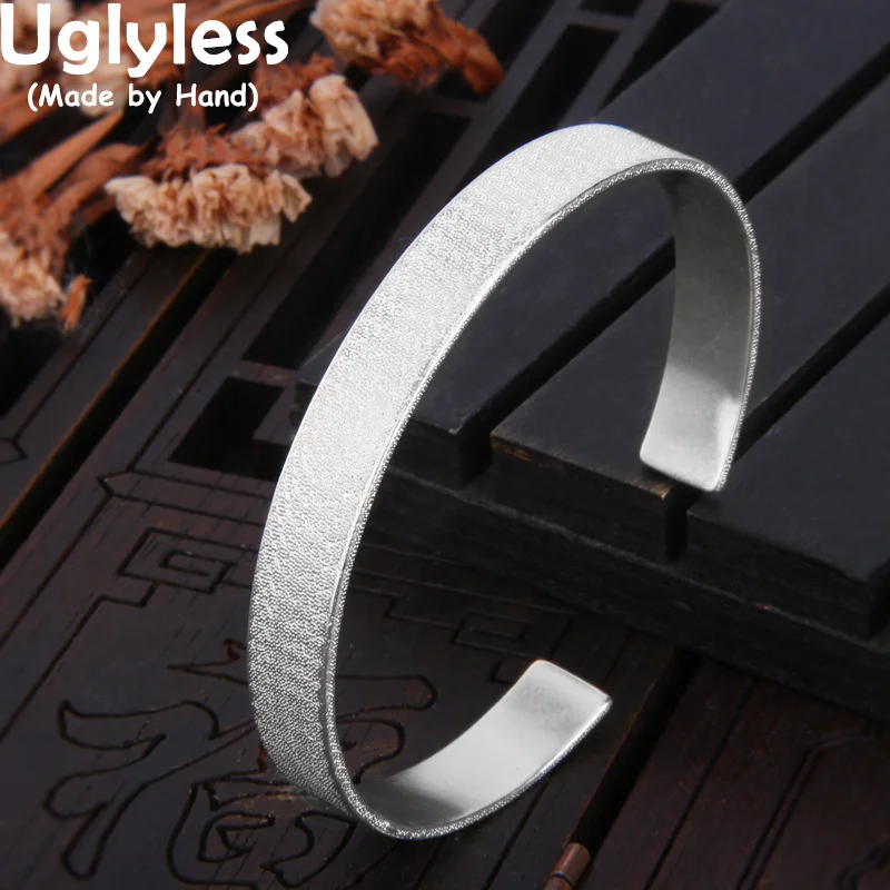 

Uglyless Starry Sparkly Silver Wide Flat Bangles for Women 925 Sterling Silver Minimalism Jewelry Simple Fashion Blank Bangles