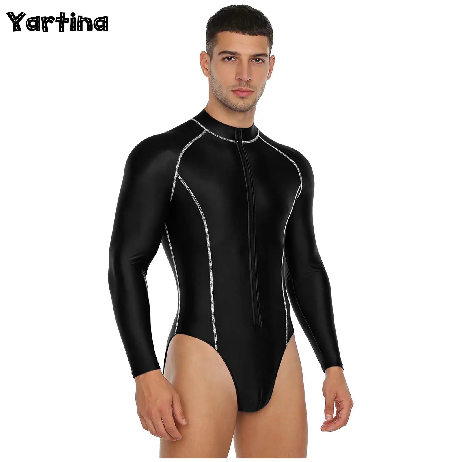 Men Glossy Bodysuit Rash Guard Swimsuit Long Sleeve One Piece Swimwear Front Zipper Leotard Jumpsuit Beach Surfing Swimming Suit