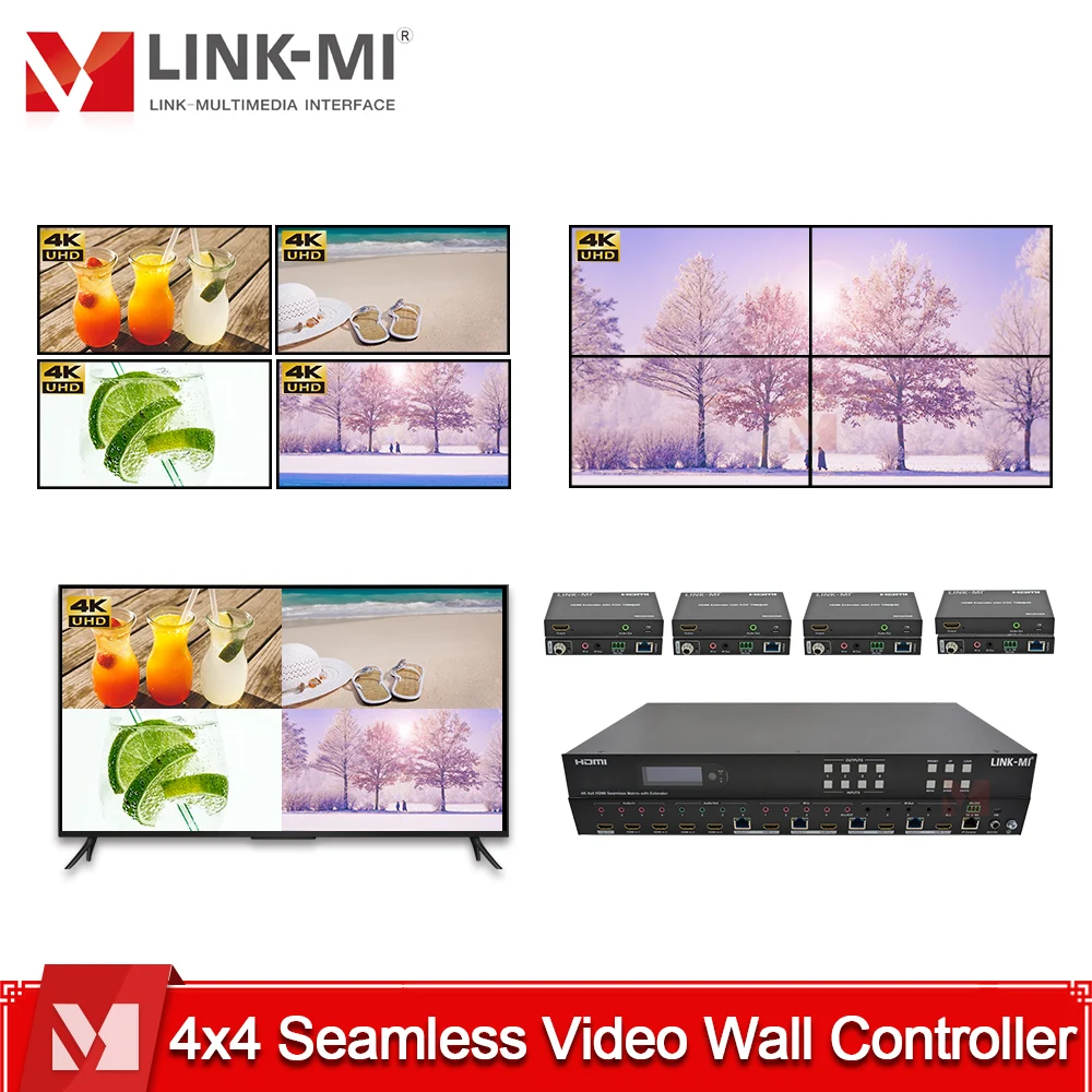 Matryca HDMI 4K60Hz 4x4 70m - Kontroler Video Wall/Multi-Viewer, HDCP2.2, PoC, Sterowanie RS232/TCP/IP, Bezszwowe Przełączanie 4×4