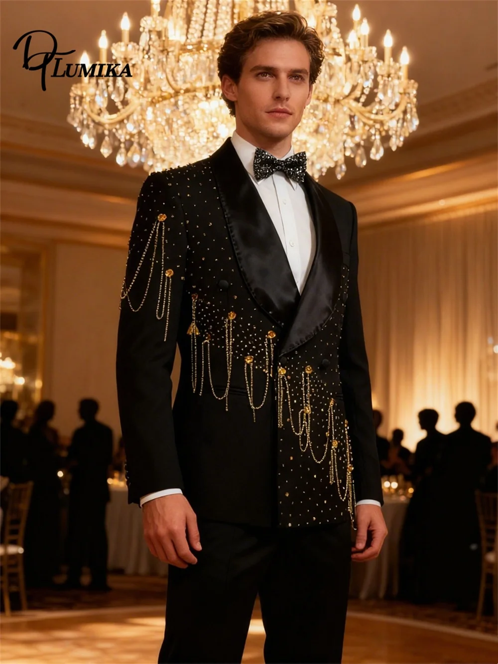 

DTLumika 2-Piece Mens Suit with Crystals Beaded Formal Dresswear for Men, Wedding Groom Tuxedo Jacket Pants Luxury Suits