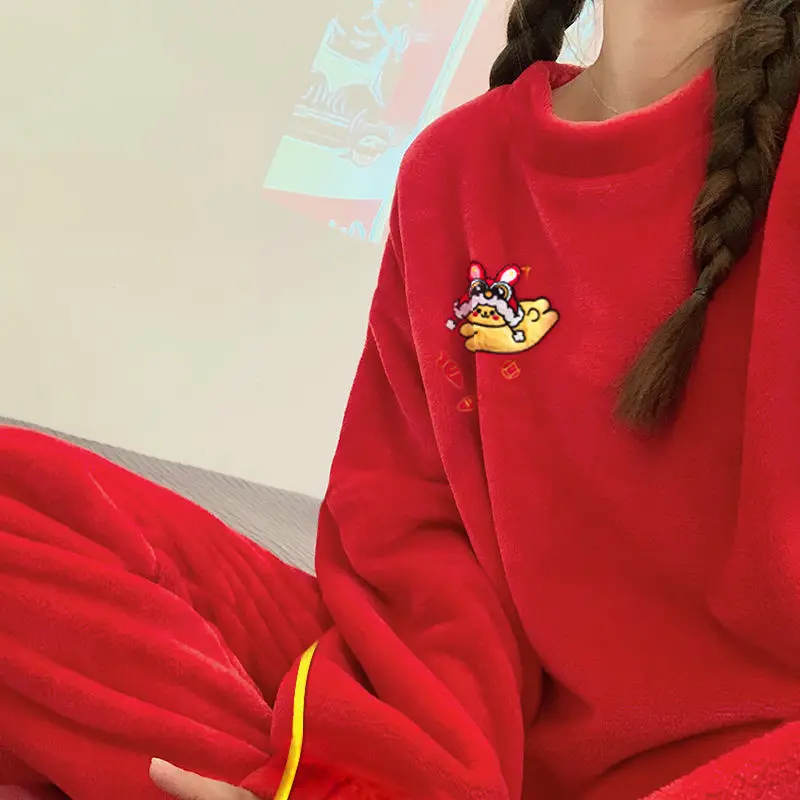 2024 New Fashion Joyous Red Coral Fleece Pajamas New Year's Birthday Gift Sleepwear Women Casual Cute Home Fur Set Outside Wear