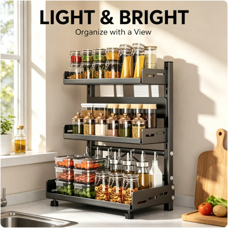 3 Tier Adjustable Metal Spice Rack Space Saving Countertop Organizer For Kitchen Seasoning Jars Condiment Bottle Storage