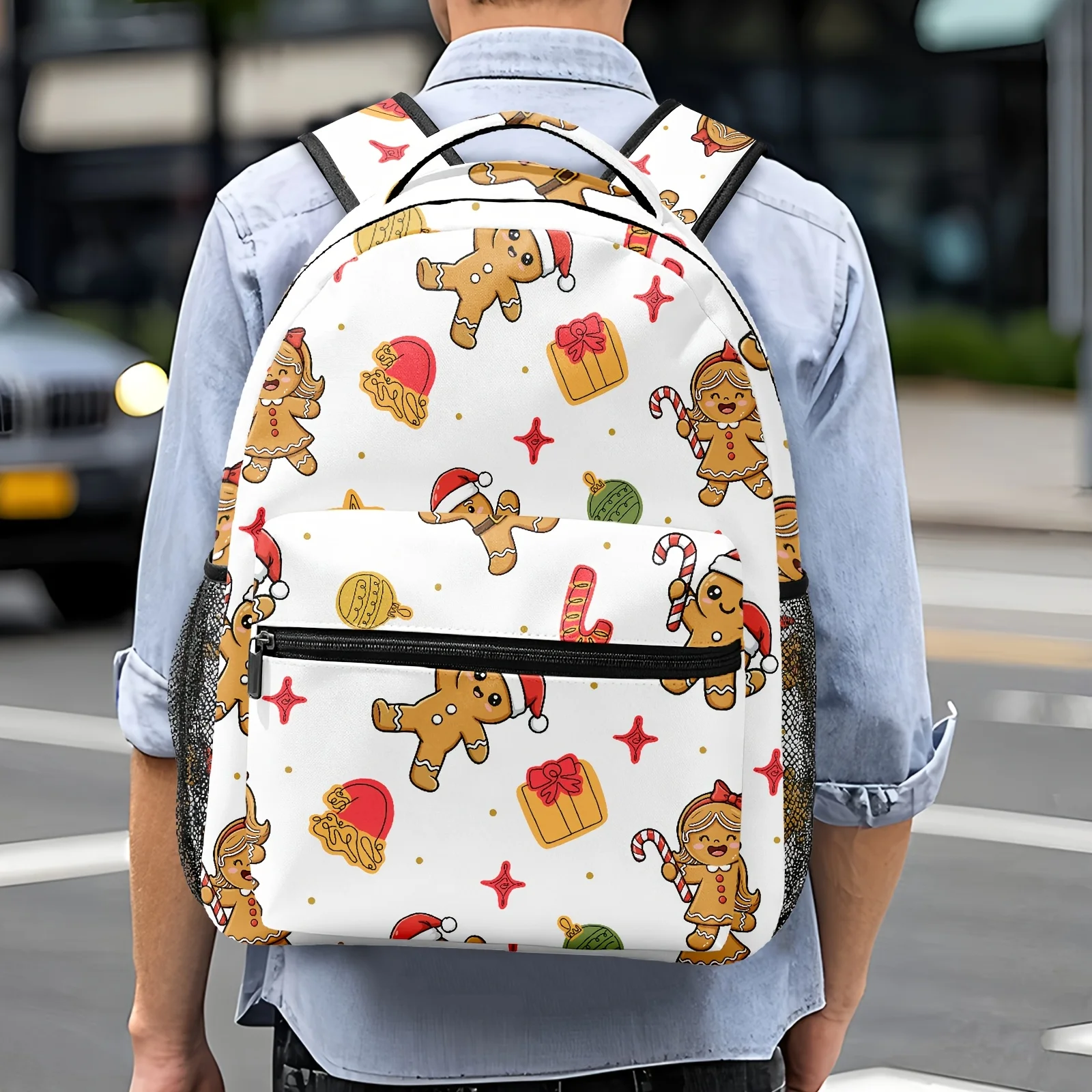Fashionable Design a Backpack with an All-Over Gingerbread Man Theme Paired with Festive Small Elements Is Lively