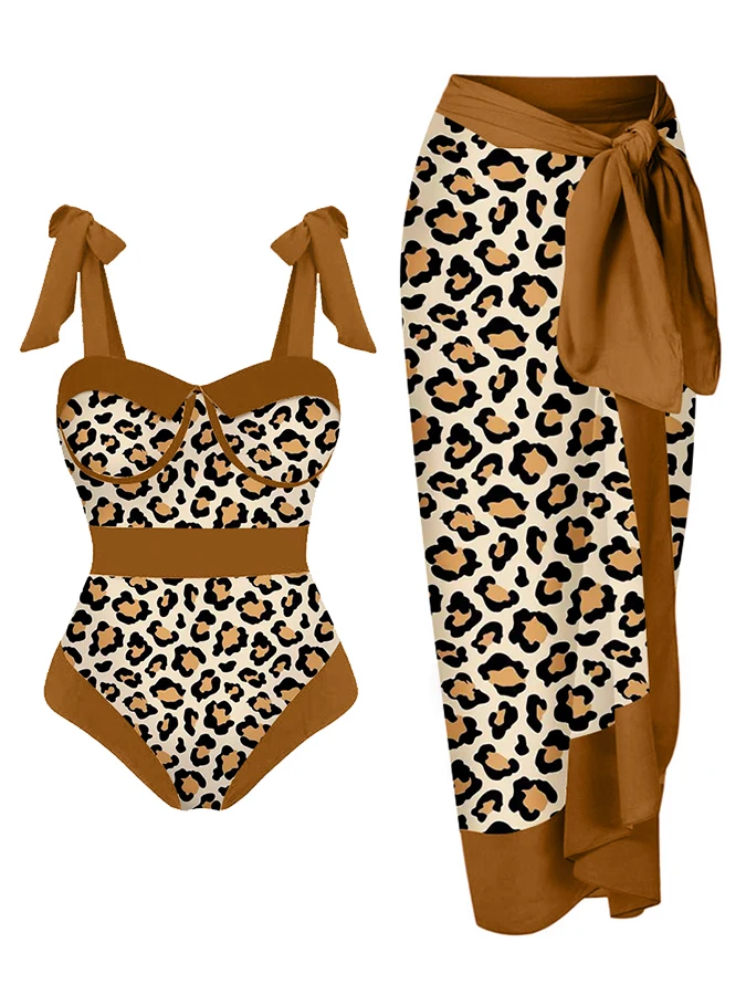 Fashion Leopard Print Two Piece Bow Tie Swimsuit High Waist Cut Slim Fit Sexy Cutout Backless Beachwear Elegant Bikini Set Women