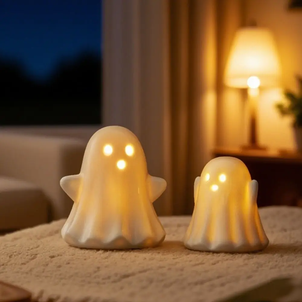 

2pcs Micro Landscape Ceramic Halloween LED Ghost Ornaments Cute Funny Small Ghost Figurines Cartoon Glowing Ghosts Light Bedroom