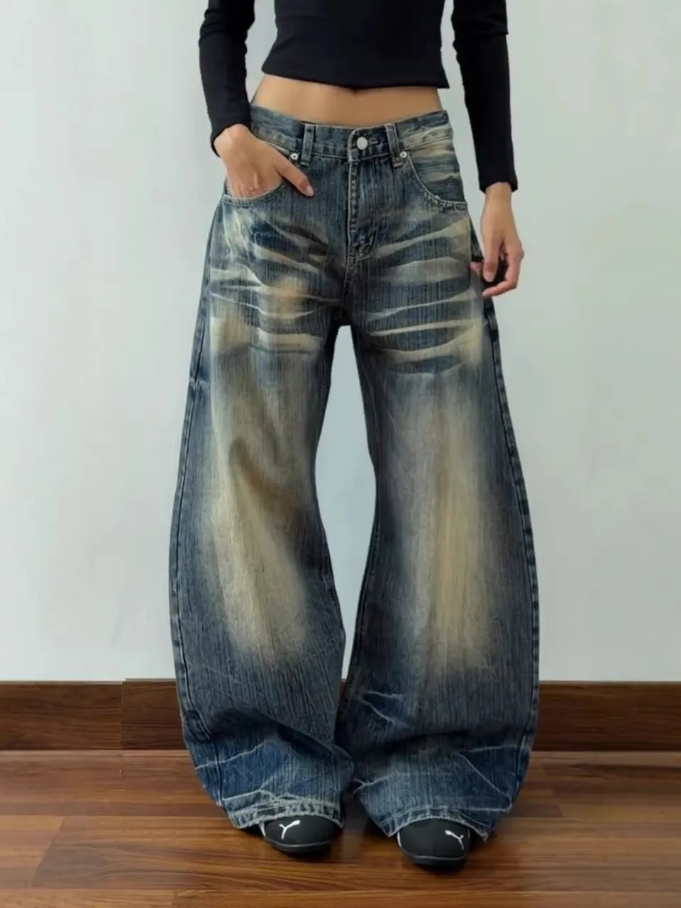

Retro Washed Heavy Duty Large Size American High Street Jeans Women Loose Wide Leg Pants Casual Wear mid Waist Denim