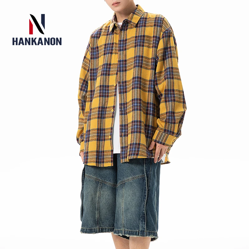 Plaid Shirt with Long Sleeves, Loose Fit, for Casual Men, Harajuku Style, Spring and Autumn Brushed Cotton Shirt.Oversized