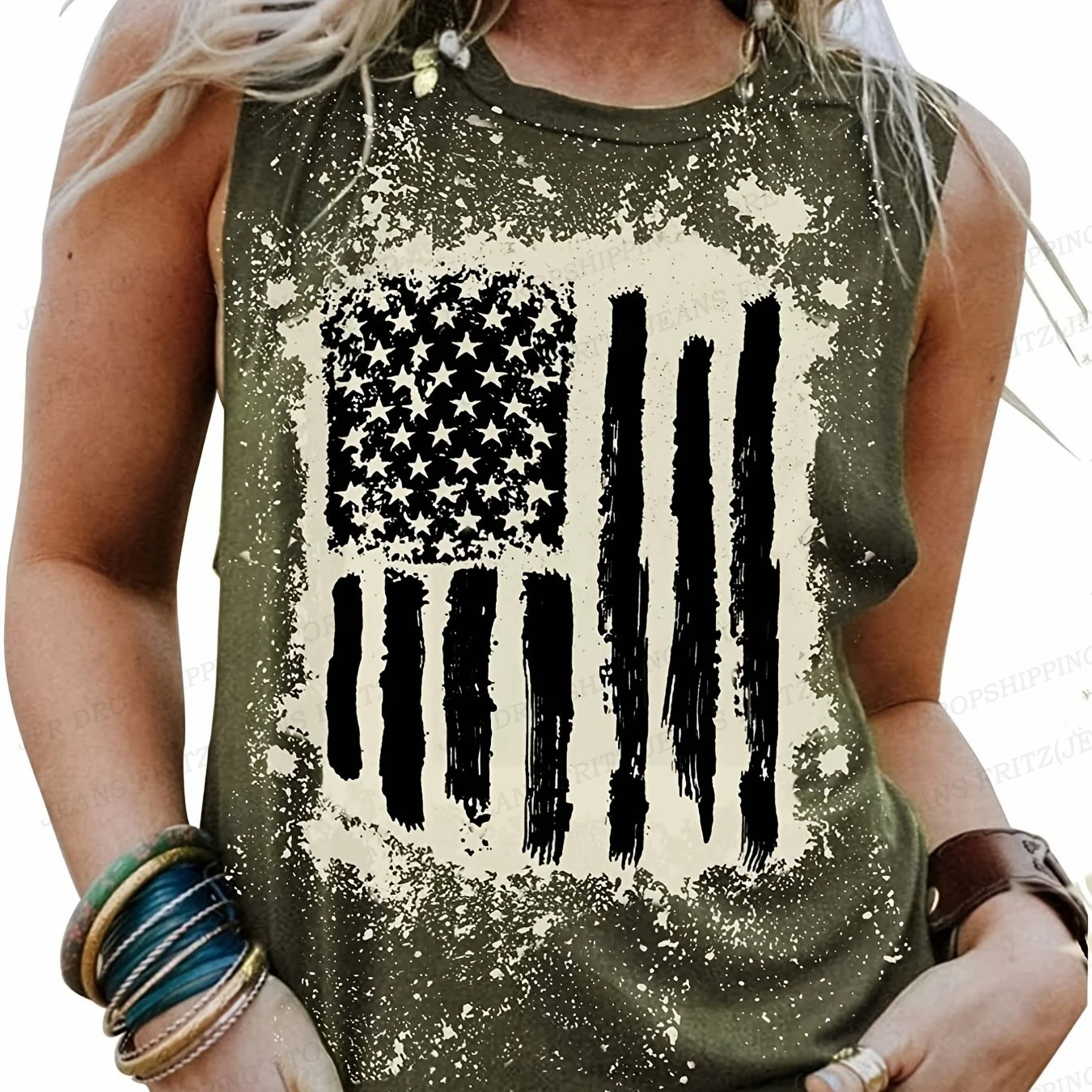 American Flag Print Sleeveless Tank Tops Women\'s Fashion Usa Flag Vest Vintage Tanks Tops Crew Neck Tops Tees Womens Clothing