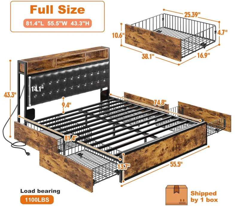 EnHomee Metal Bed Frame with 4 Storage Drawers & Charging Station Headboard Upholstered Platform Bed Frame with Upholstered Headboard No Noise image 8