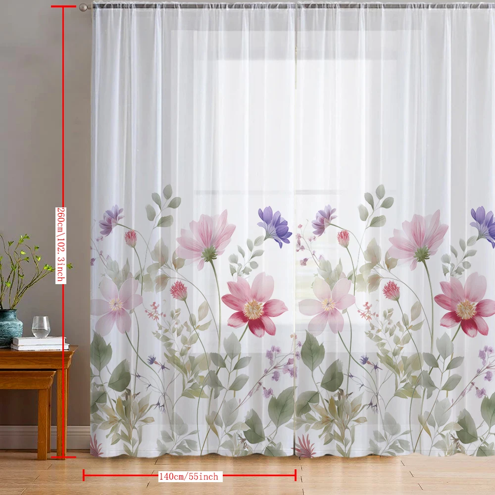2PCS Home decoration printed window screens, watercolor powder purple flowers, with pole bags, suitable for kitchens, cafes
