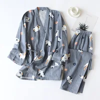 New Japanese-style kimono two-piece couple pajamas cover men and women pure cotton gauze cute kitten thin home service plus size - Image 3