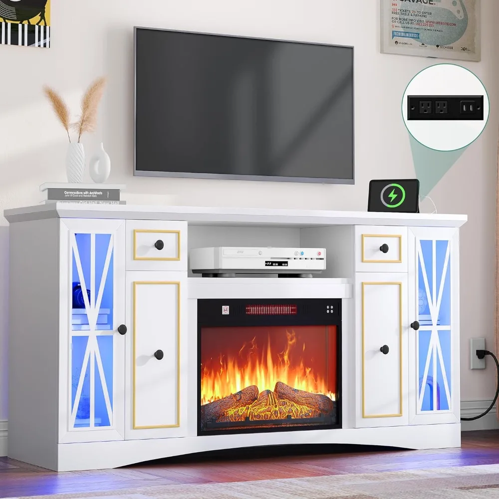 Elétrica Lareira TV Stand com luzes LED, TV Stand para TVs, sala de estar, branco, até 75 ", 65"