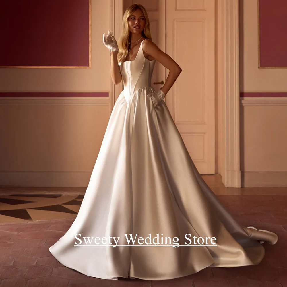 Sexy Brautkleider für die Braut, maßgeschneidert, ärmellos, quadratischer Ausschnitt, Korsett-Rücken, Reißverschluss, A-Linie, Sweep-Zug, Brautkleid