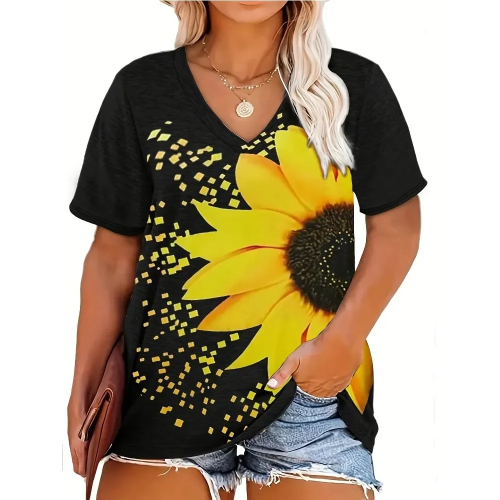 Plus Size 1XL-5XL New Women's Sunflower Printed T-Shirt Casual Half Sleeved Top Women V-neck Color Checkered Print T-shirt