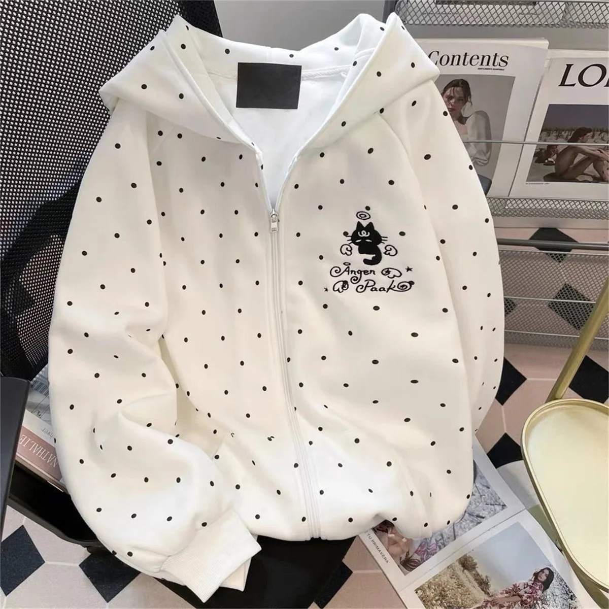Cute Polka Dot Cat Embroidered Hoodie Autumn Sweet Loose Fi Tzip-up Cardigan Jacket Harajuku Casual Sweatshirts 2025 New
