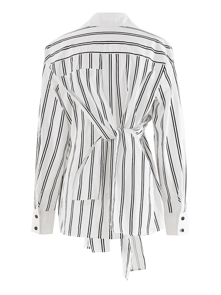 [EAM] Women White Striped Belted Big Size Elegant Blouse New Lapel Long Sleeve Shirt Fashion Tide Spring Autumn 2024 CPDB253