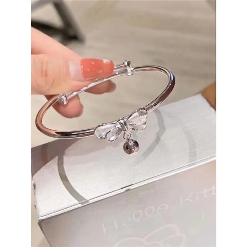 

S999 Bowknot Bell Pendant Bracelet Women Solid Open Silver Bangle