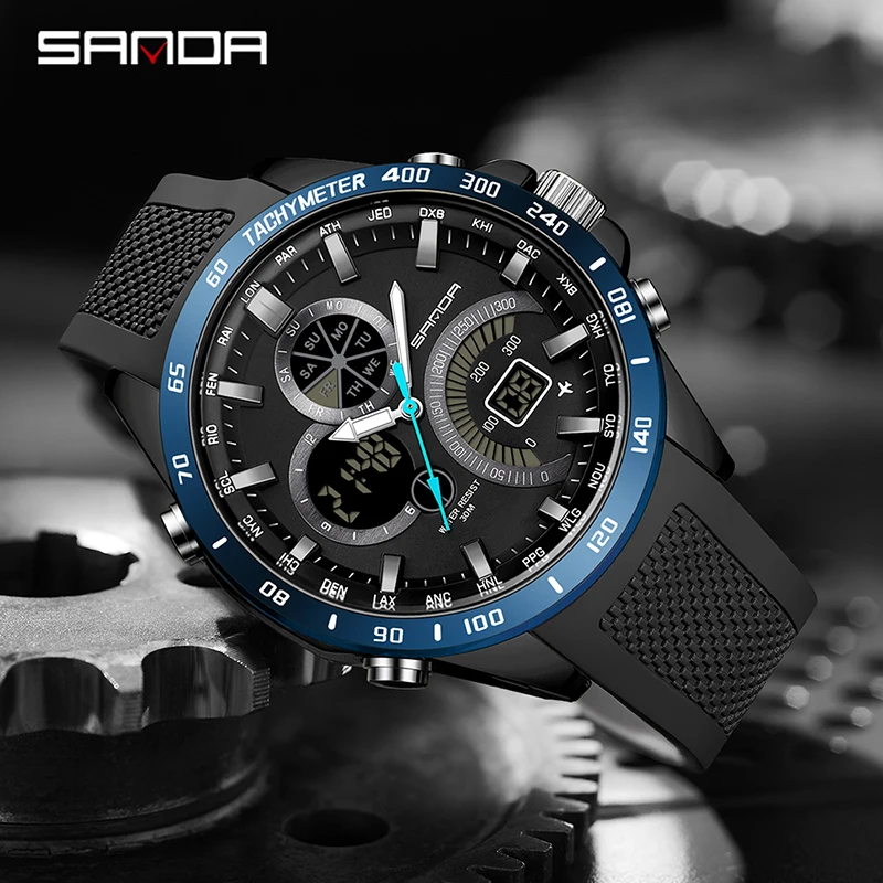 SANDA Men's Big Dial Digital Wristwatch 30M Waterproof LED Quartz Sport Outdoor Male Watch