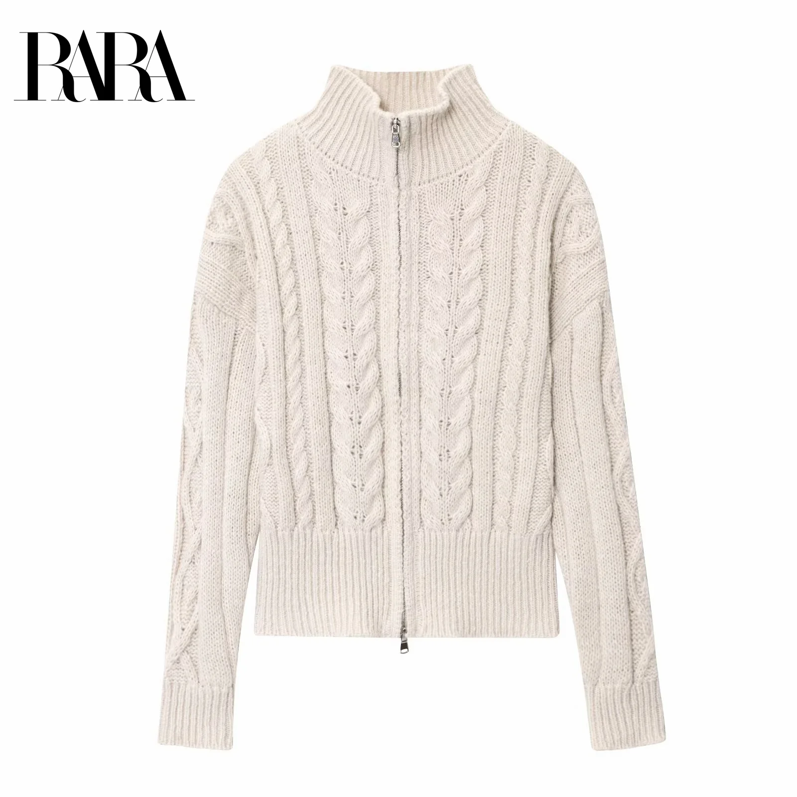 

RARA2025 autumn new women's casual fashion simple lazy style zipper high-end stand-up collar twist knitted cardigan top