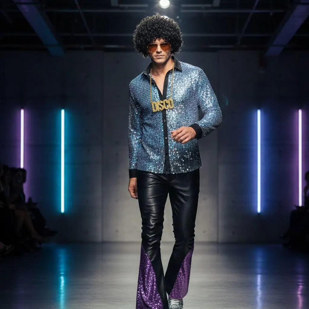 

Костюм для вечеринки в стиле 70-х: расклешенные брюки, рубашка, афро-парик, медальон, усы, ретро-очки.