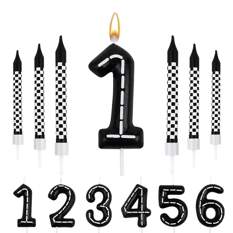 Velas de cumpleaños con temática de coches de carreras, vela a cuadros blanca y negra, vela de número de 1 a 9, vela para camión, decoración de postre, 7 Uds.