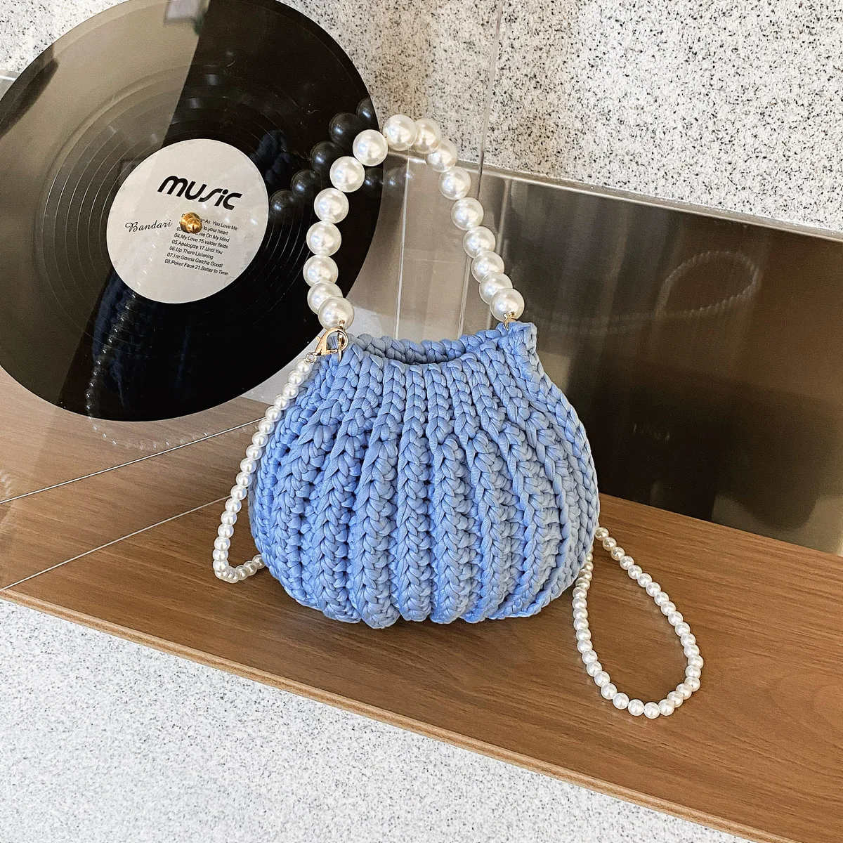 2026 Handmade Crochet Pumpkin Bag, Pearl Chain Striped Drawstring Mini Crossbody Purse, Cute Casual Shoulder Bag for Women