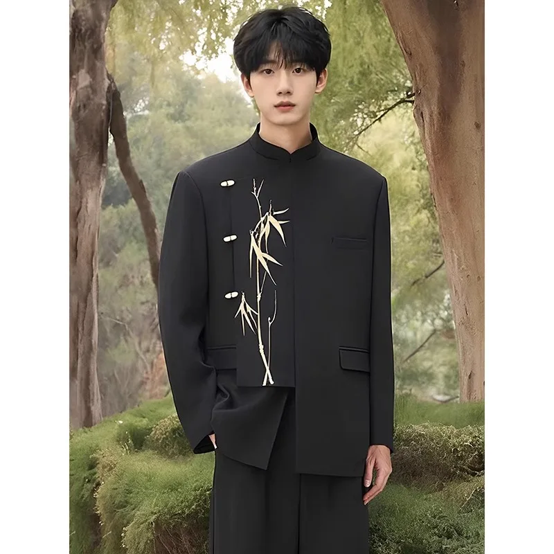 

New Chinese Sle Men's Wedding Suit Cusizable Asymmetrical Embroidered Golden Bamboo Stand Collar Zhongan Suit Western ...